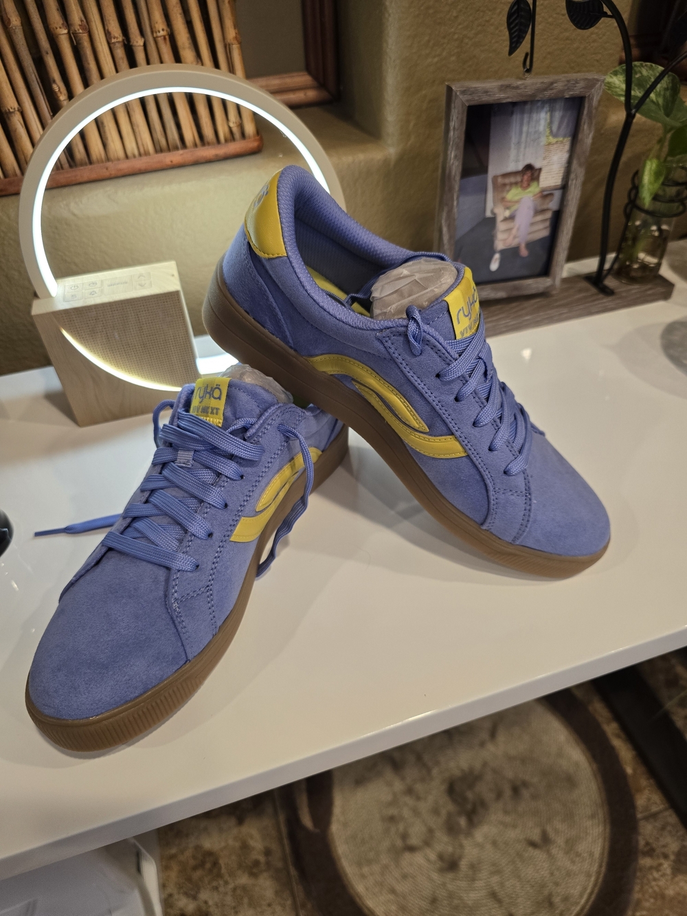 Ryka Women's Suede Sneakers in Periwinkle with Yellow Accent
